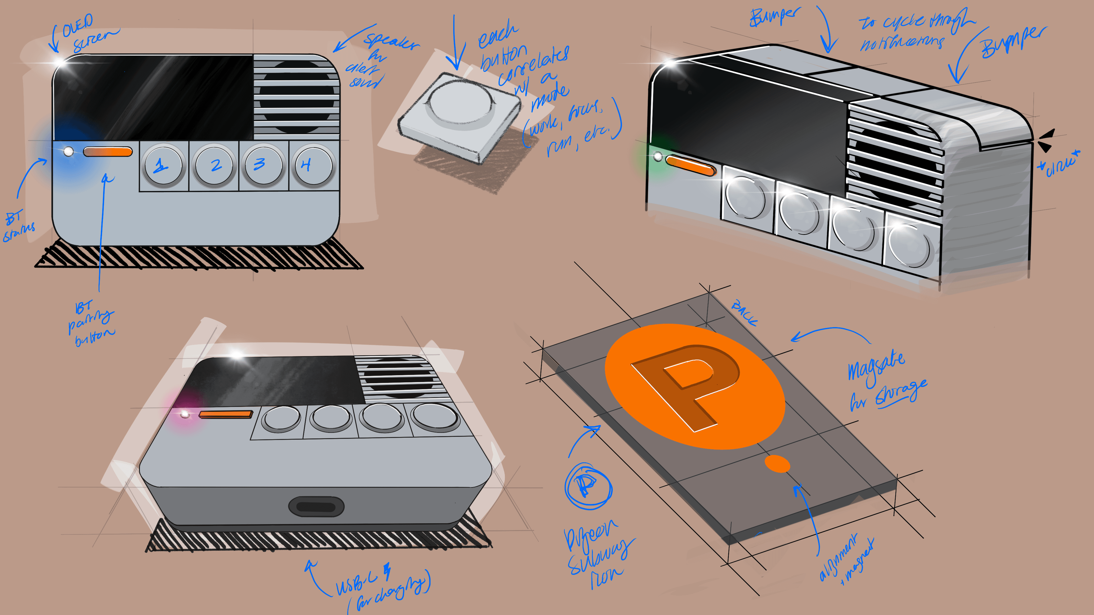 Pigeon concept sketches showing multiple views with annotations