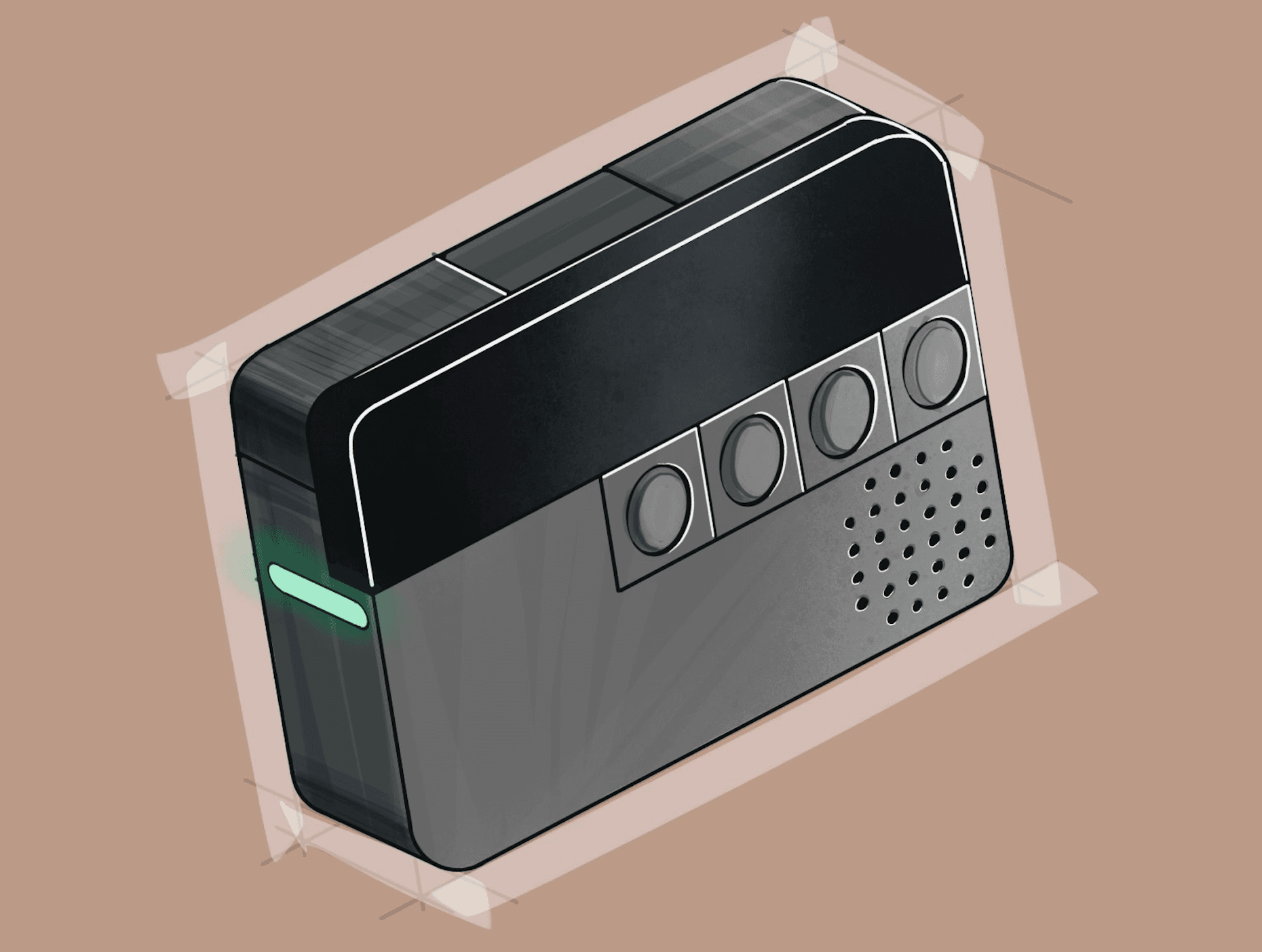 Pigeon concept sketch showing isometric view of the device with mode buttons and speaker grille
