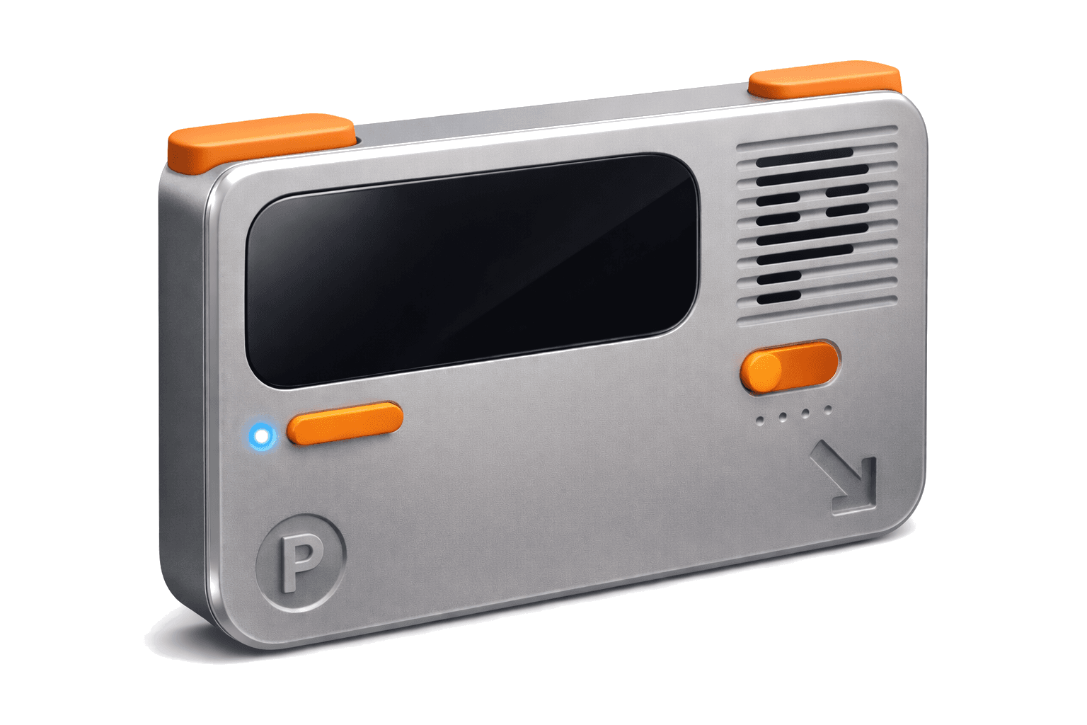 Pigeon smart pager — 3D render showing display, bumper buttons, and speaker grille